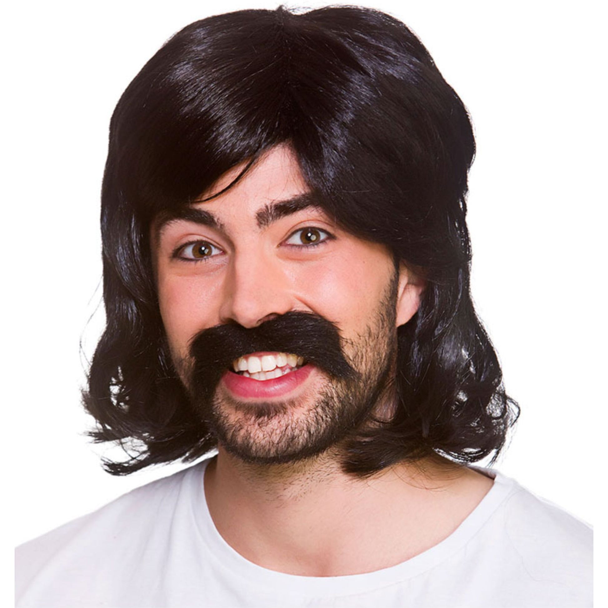 A man wearing a black 1960s-style mullet wig with a matching black handlebar mustache and beard, smiling against a white background.