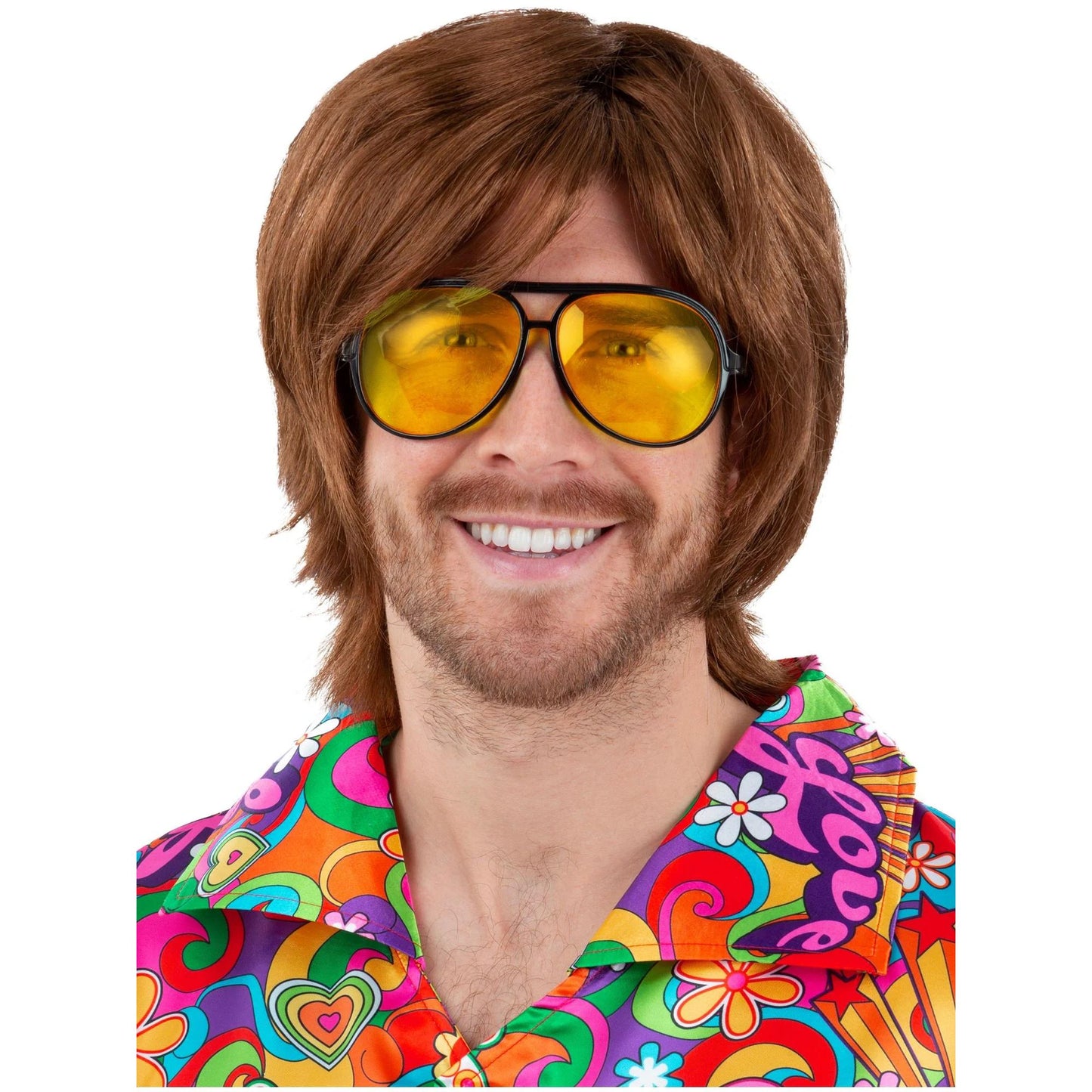 Person wearing a brown wig and colorful shirt with sunglasses on a white background