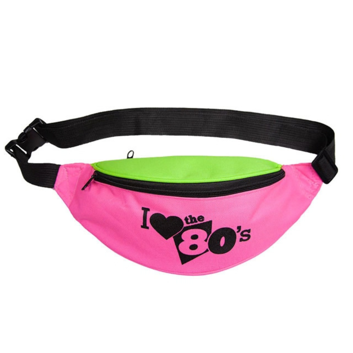 A bright pink fanny pack with a lime green zippered pocket and a black adjustable strap. The front features a black graphic that reads 'I [heart] the 80's'.