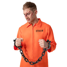 Person wearing an orange prison jumpsuit with a chain, on a white background