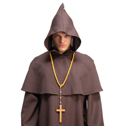 A person wearing a brown hooded robe with a wide collar and a yellow beaded rosary necklace with a wooden cross, photographed against a plain white background.