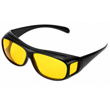 Black wrap-around sunglasses with bright yellow lenses, shown at an angle on a plain white background.