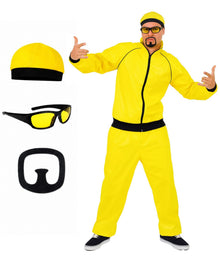 A man modeling a bright yellow novelty costume set against a white background, including a matching zip-up jacket, pants, cap, yellow-tinted sunglasses, and a black mustache accessory shown separately on the left.