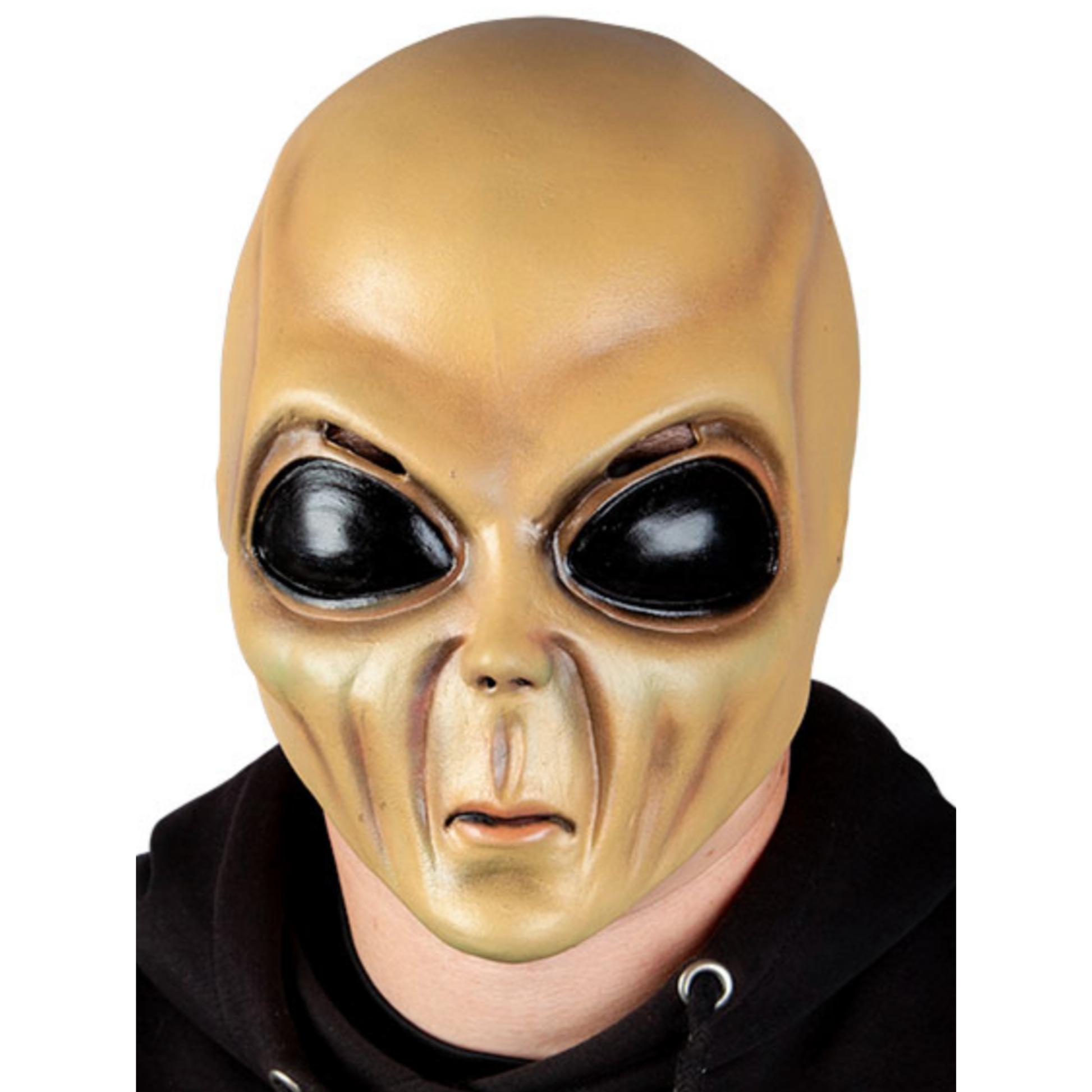 A realistic alien mask with a bald, elongated head, large black eyes, and a wrinkled face, shown on a person wearing a black hoodie against a plain white background.