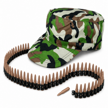 A military-style camouflage cap shown with a long belt of tan bullet-shaped accessories and a single loose bullet on a plain white background.