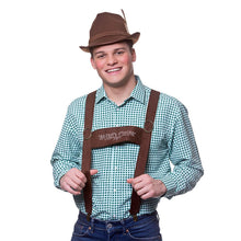 Man wearing a traditional Bavarian outfit with a hat and suspenders on a white background
