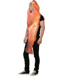 A man modeling a novelty hooded costume that resembles a large piece of raw salmon, featuring realistic orange and pink flesh textures with darker edges, set against a plain white background.