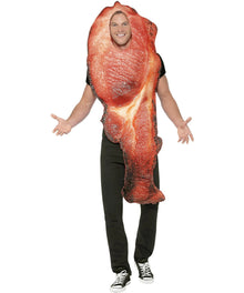 A man wearing a realistic bacon costume with a large printed bacon back and headpiece, standing against a plain white background.