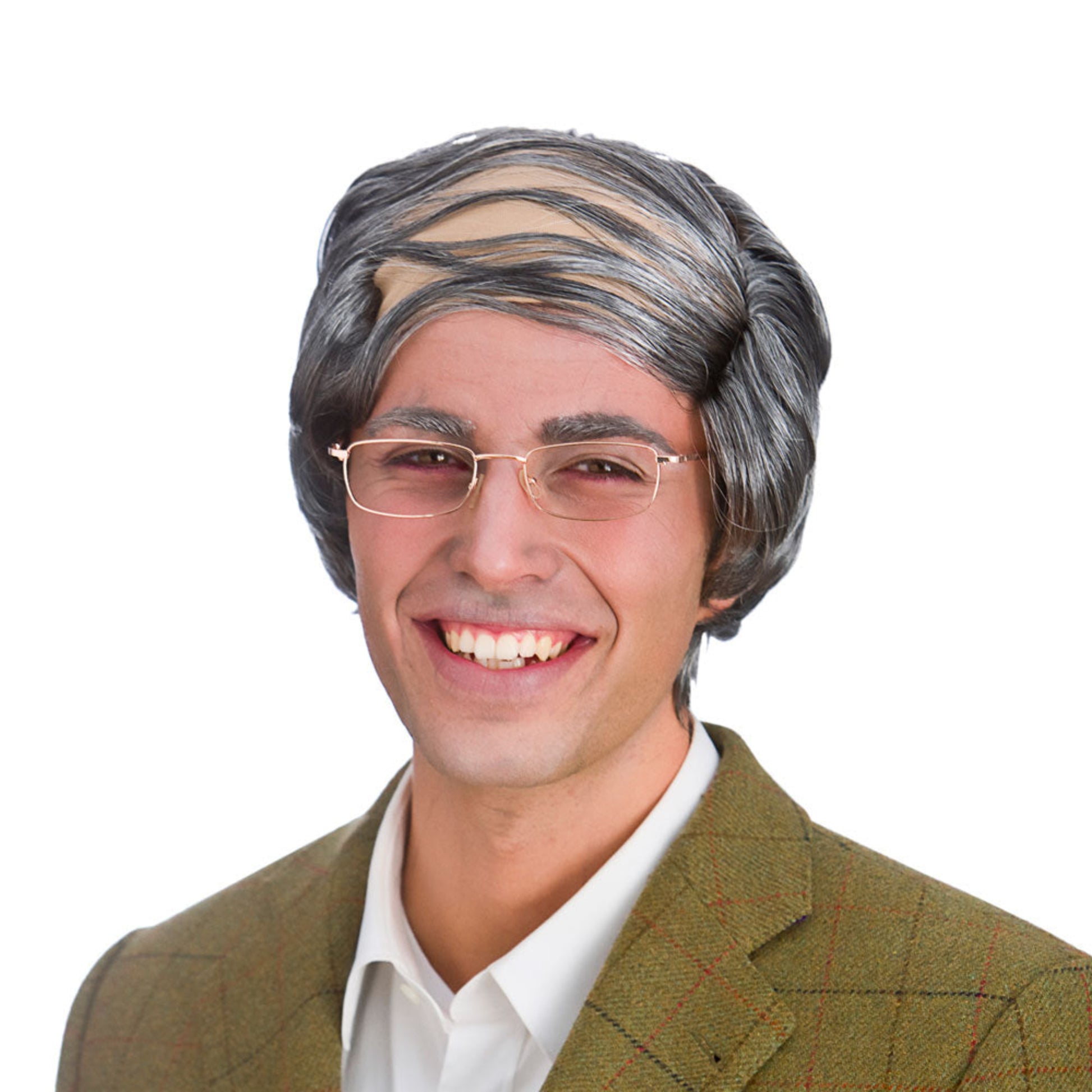 Person wearing a grey comb over wig and glasses on a white background