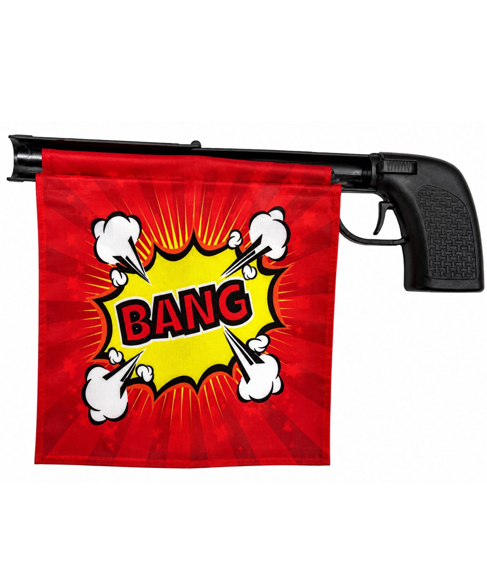 A novelty toy blaster with a red comic-style flag hanging from the barrel. The flag features a yellow comic-book burst with the word 'BANG' in red letters, surrounded by white clouds and black outlines, on a plain white background.