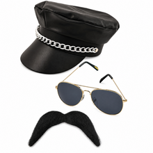 A costume accessory set featuring a black faux-leather police-style cap with a silver chain band, gold-framed aviator sunglasses with dark lenses, and a black fuzzy mustache, all arranged on a plain white background.