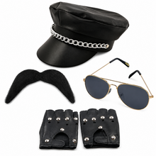 A costume accessory set featuring a black faux-leather cap with a silver chain detail, a black furry mustache, aviator sunglasses with gold frames and dark lenses, and a pair of black fingerless gloves with silver studs, all arranged on a white background.