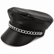 A black faux-leather biker military-style cap featuring a prominent silver chain-link band around the crown, shown on a clean white background.
