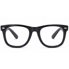 Black rectangular eyeglass frames with clear lenses and small silver metal rivets, shown from the front on a white background.
