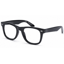Black acetate eyeglass frames with clear lenses, shown at a three-quarter angle on a white background.