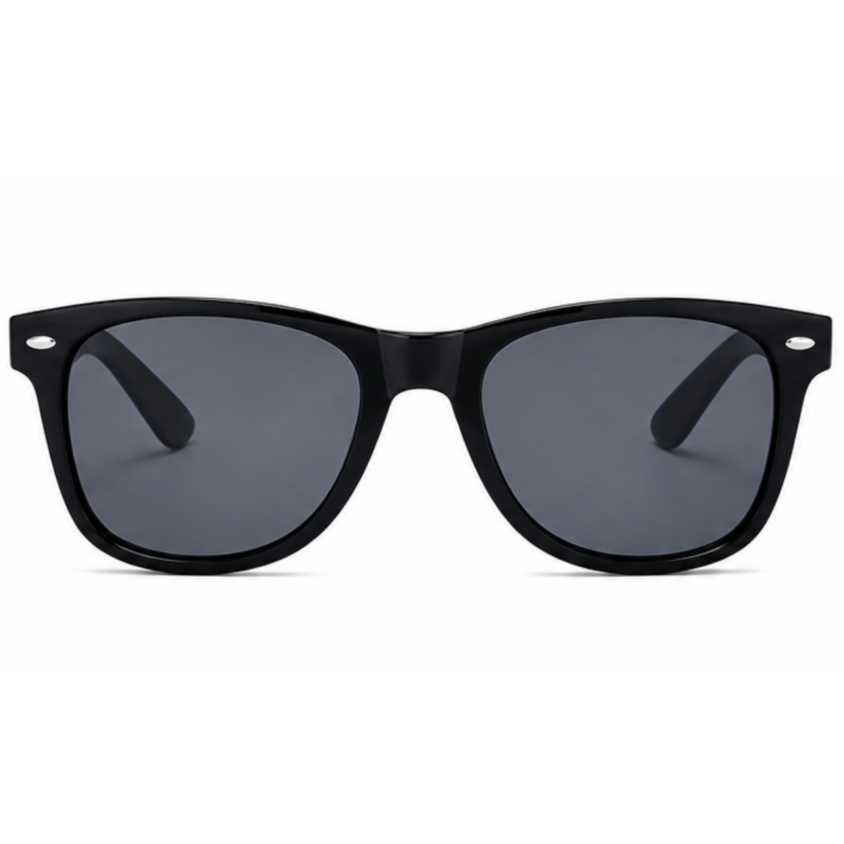 Black wayfarer-style sunglasses with dark gray lenses, shown from the front on a plain white background.