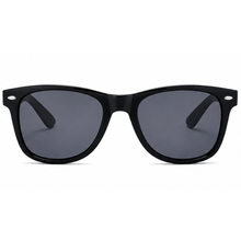 Black wayfarer-style sunglasses with dark gray lenses, shown from the front on a plain white background.