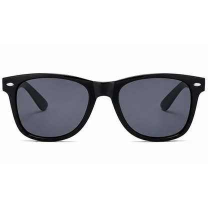 Black wayfarer-style sunglasses with dark gray lenses, shown from the front on a plain white background.