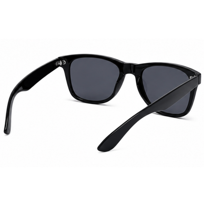 Black sunglasses with a classic wayfarer-style frame and dark gray lenses, shown from a three-quarters angle on a white background.