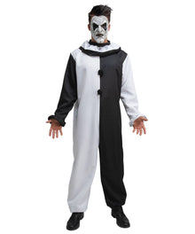 Person wearing a black and white clown costume with a mask on a white background