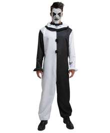Person wearing a black and white Halloween costume with a mask on a white background