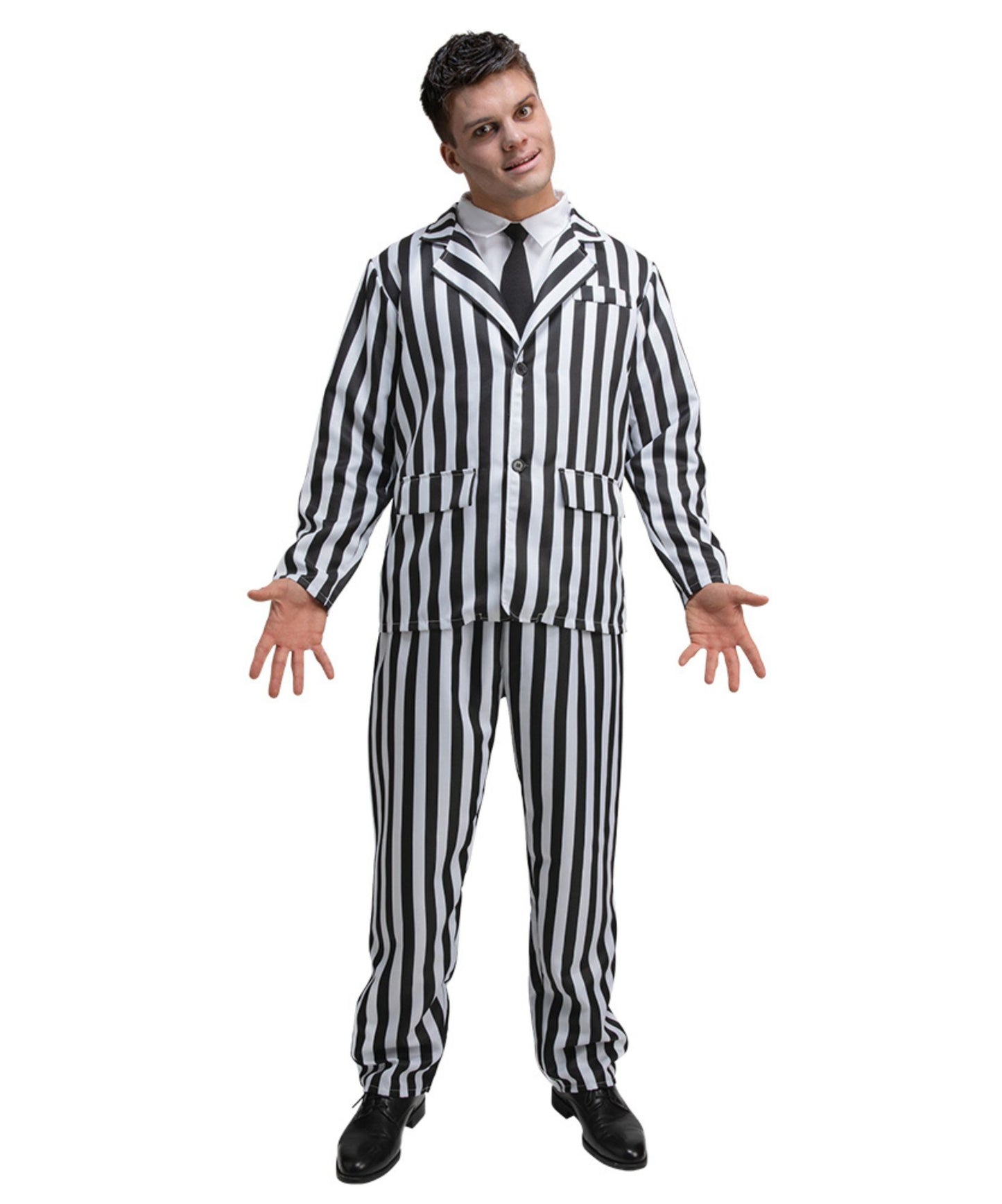 Person wearing a black and white striped costume on a white background