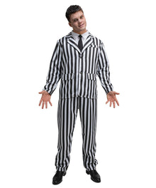 Person wearing a black and white striped costume on a white background
