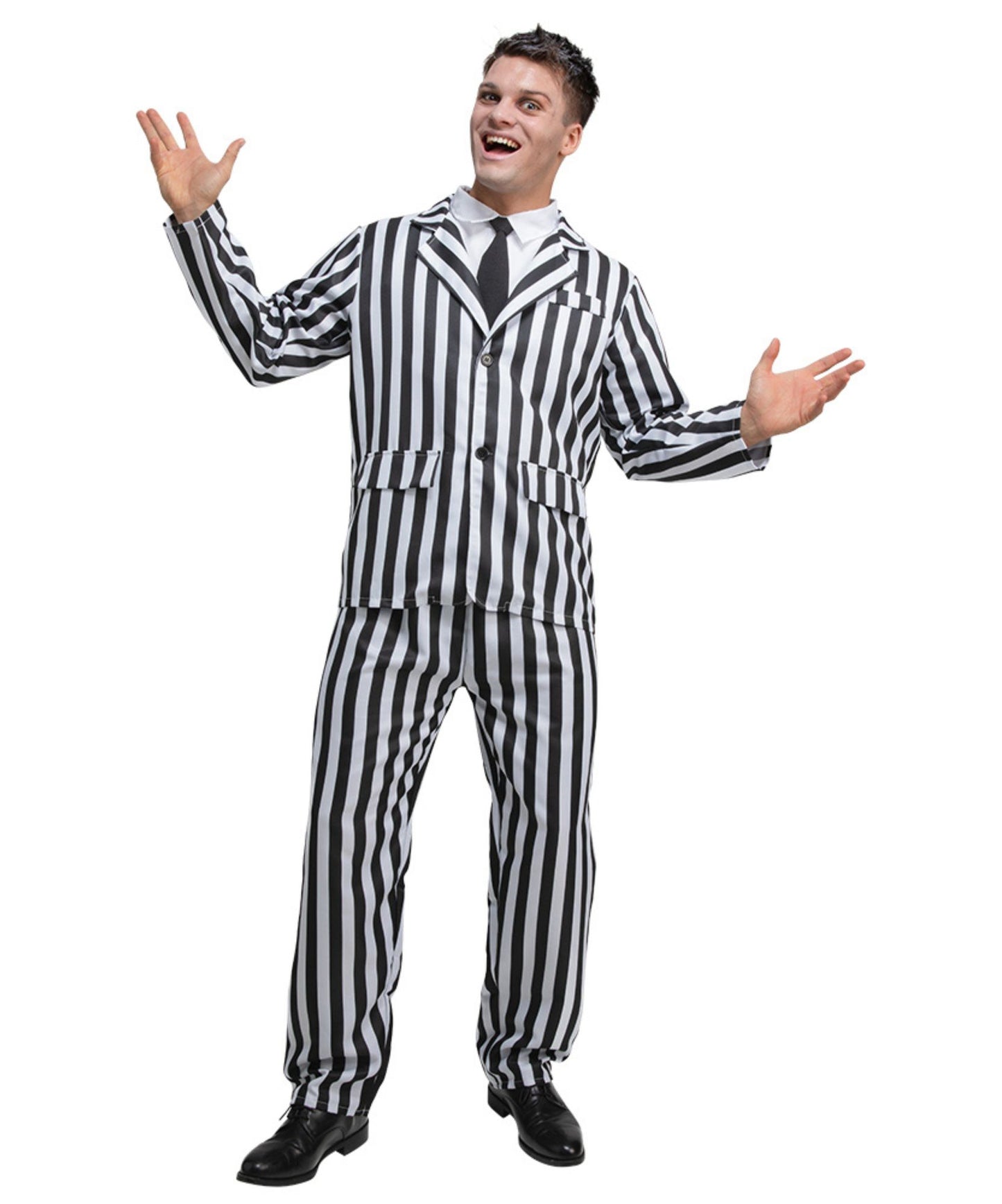 Person wearing a black and white striped costume on a white background