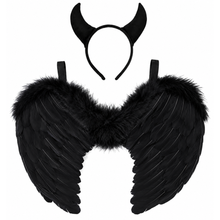 Black devil costume accessory set featuring a horned headband and large feathered angel wings with faux fur trim, shown on a plain white background.