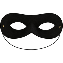 A black masquerade eye mask and a thin black elastic strap, shown against a plain white background.