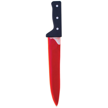 A toy or costume prop knife with a fake blood inside and a black handle with three silver rivets, shown vertically against a plain white background.