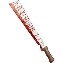 A toy machete costume prop with a silver blade covered in red blood splatter and a brown faux-wood handle, isolated on a white background.