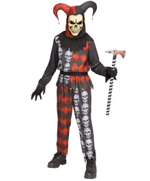 A person modeling a horror jester costume against a plain white background, holding a striped axe prop. The costume includes a red and black jester hat, a skull mask, a black top with red harlequin pattern and skull prints, matching patterned pants, black gloves, and black shoes.