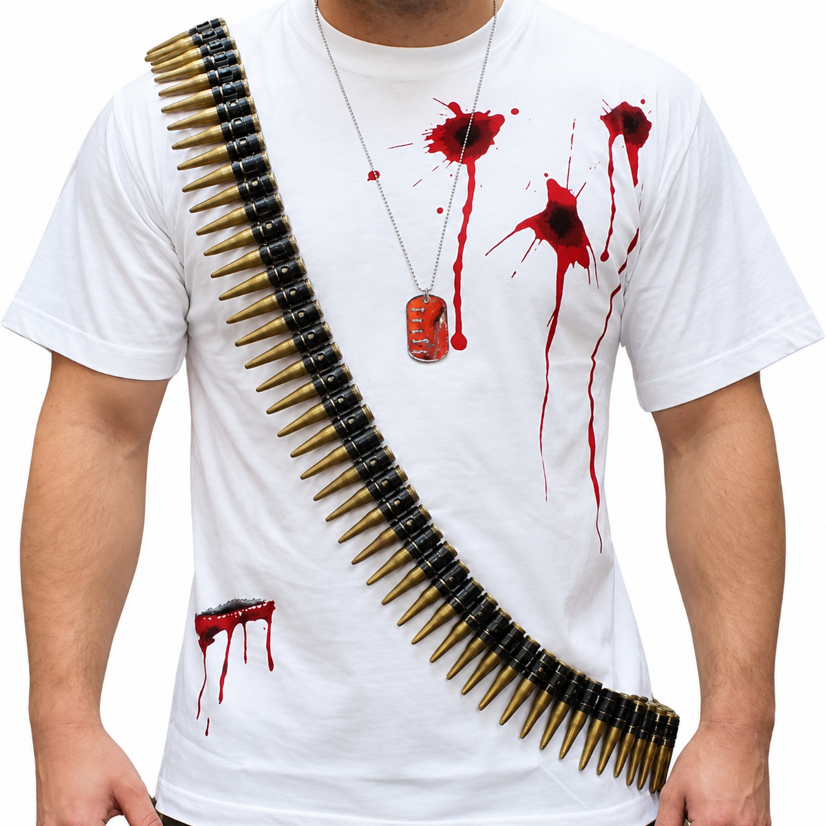 A white graphic t-shirt featuring a printed design of a black and gold bullet belt across the chest and red blood splatters, modeled on a person against a white background.