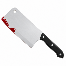 A novelty fake cleaver-style knife with a silver plastic blade featuring a red blood splatter graphic along the edge, and a black handle with three silver rivets.