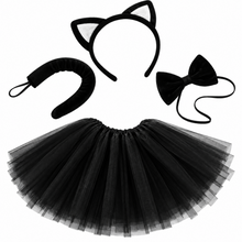 Costume accessory set including a black tulle tutu skirt, cat ear headband, black bow headband, and a black cat ear headband, displayed on a solid white background.