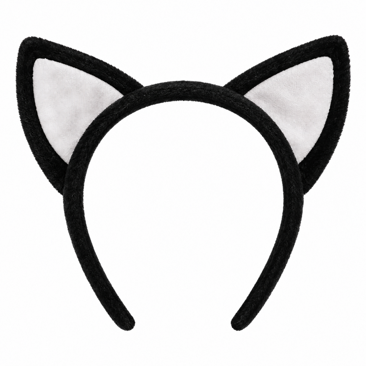 Black cat ears headband with white plush inner lining, shown on a plain white background.