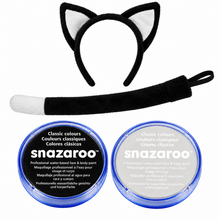 A costume accessory set from Snazaroo featuring a black and white cat ear headband, a matching black and white tail, and two round jars of water-based body paint. The jars are labeled 'snazaroo Classic colours'.
