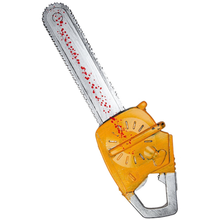 Costume chainsaw with a bright orange handle and silver blade, decorated with red blood splatters, isolated on a white background.