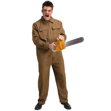 A man wearing a brown jumpsuit costume and holding a toy chainsaw, posed against a solid white background.