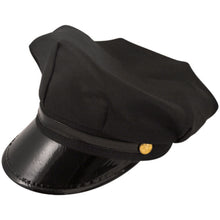 A black newsboy cap with a glossy patent leather visor and a small gold button accent, shown on a plain white background.