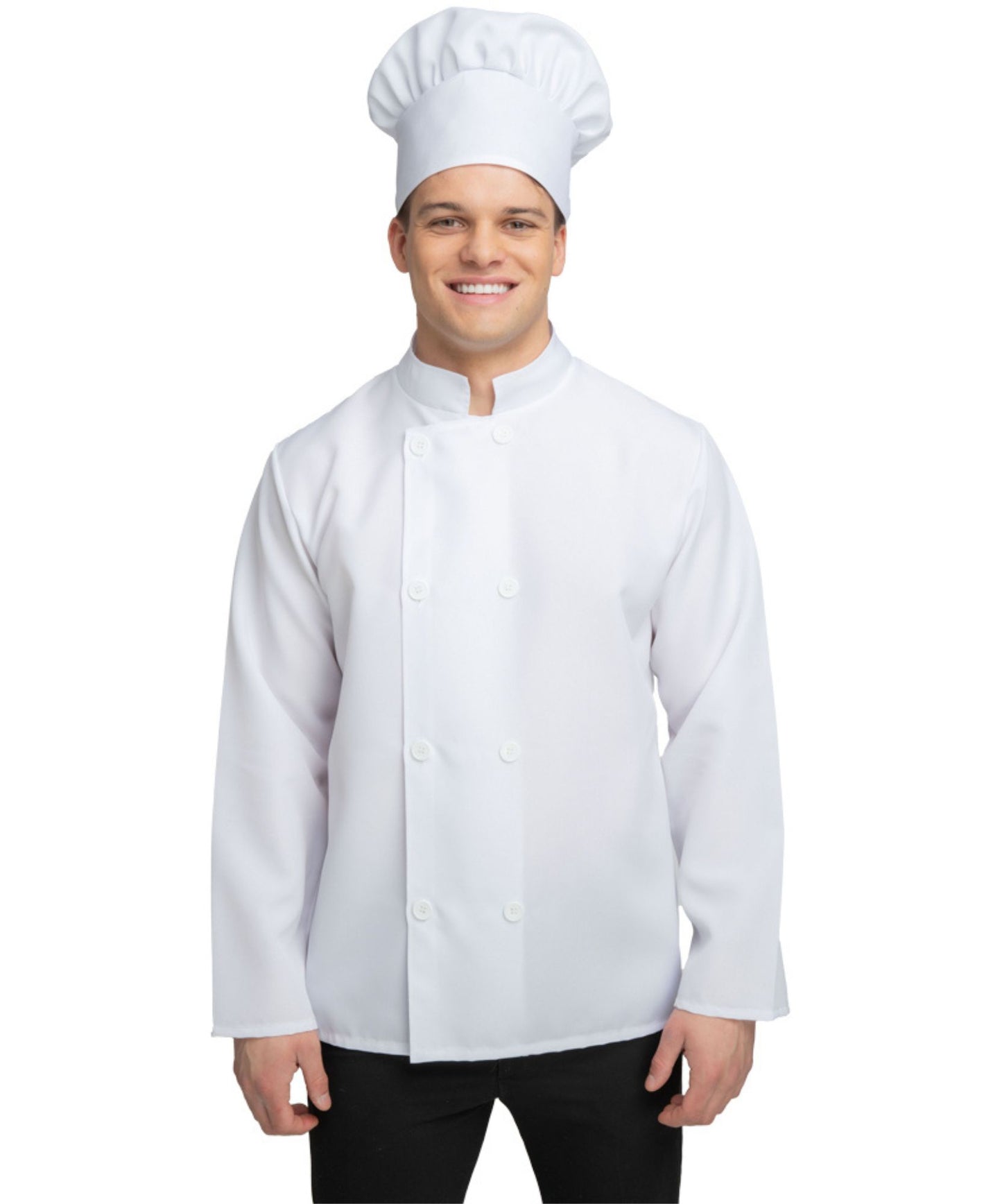 A man wearing a white chef coat with a double-breasted button closure and a matching white chef's hat, standing against a plain white background.