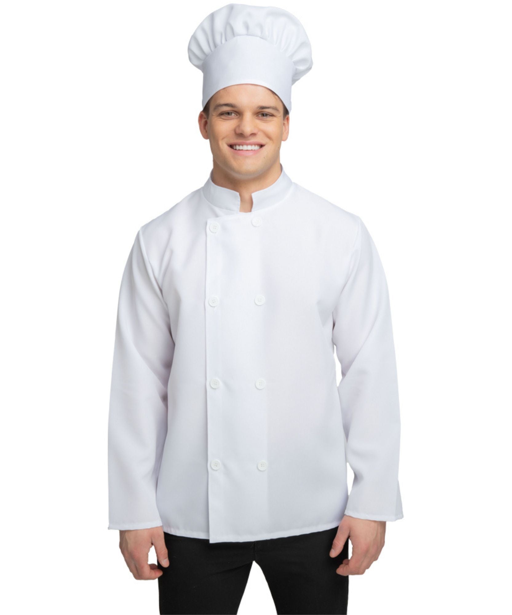 A man wearing a white chef coat with a double-breasted button closure and a matching white chef's hat, standing against a plain white background.