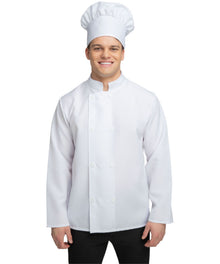 A man wearing a white chef coat with a double-breasted button closure and a matching white chef's hat, standing against a plain white background.