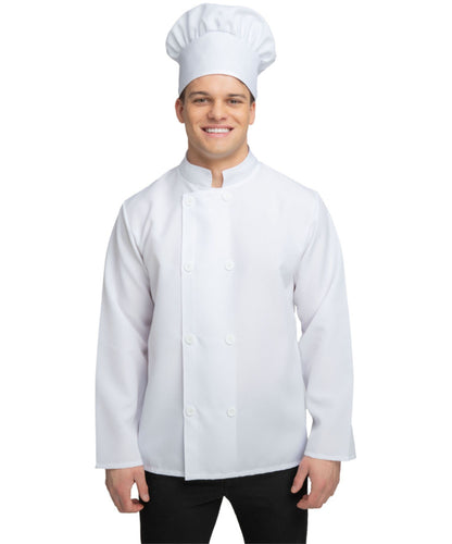 A man wearing a white chef coat with a double-breasted button closure and a matching white chef's hat, standing against a plain white background.