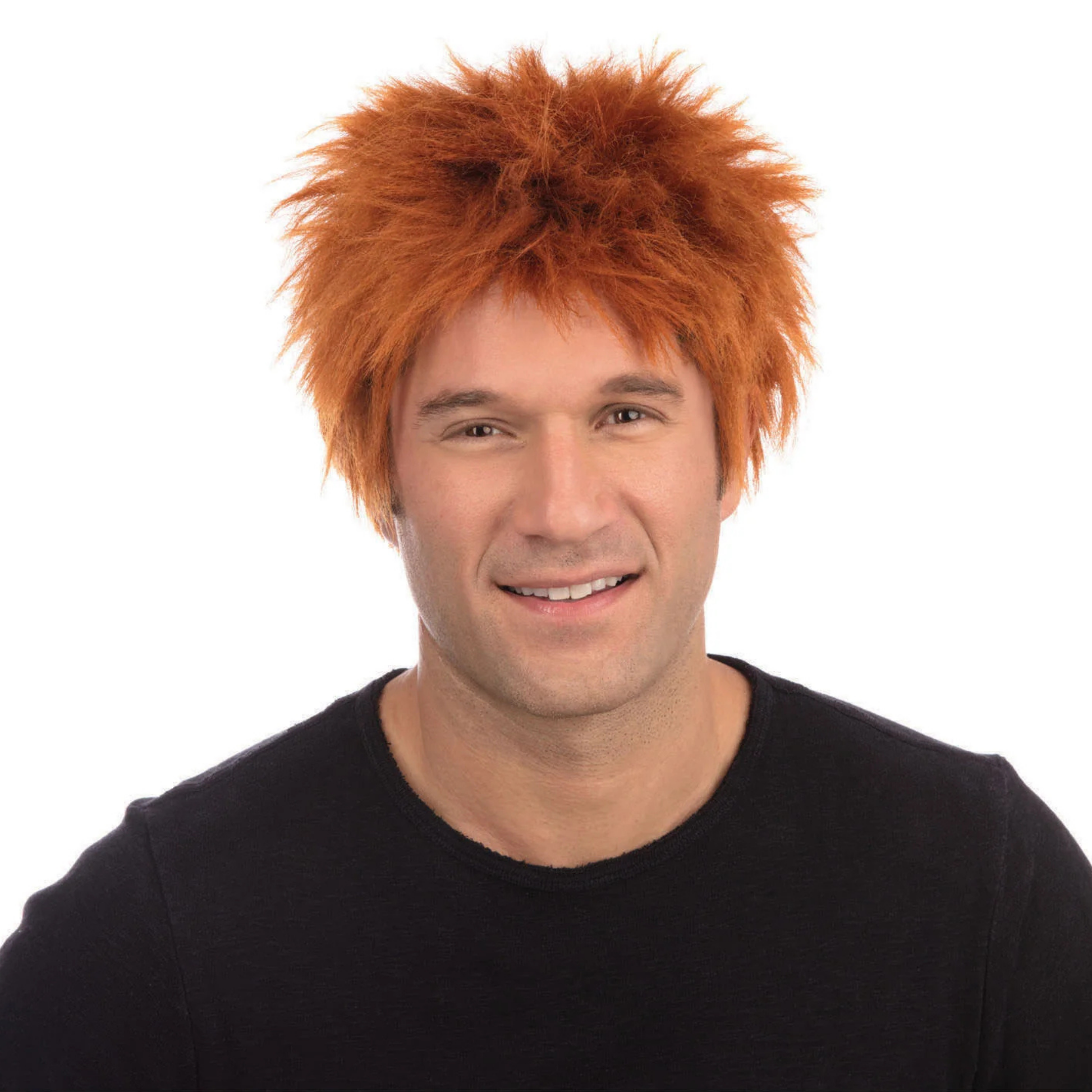 A man wearing a bright orange-red, messy spiky wig against a plain white background.