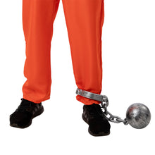 Person wearing orange prisoner costume and black shoes with a ball and chain on a white background