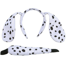 Black and white spotty Dalmatian ears on headband with matching tail on a white background