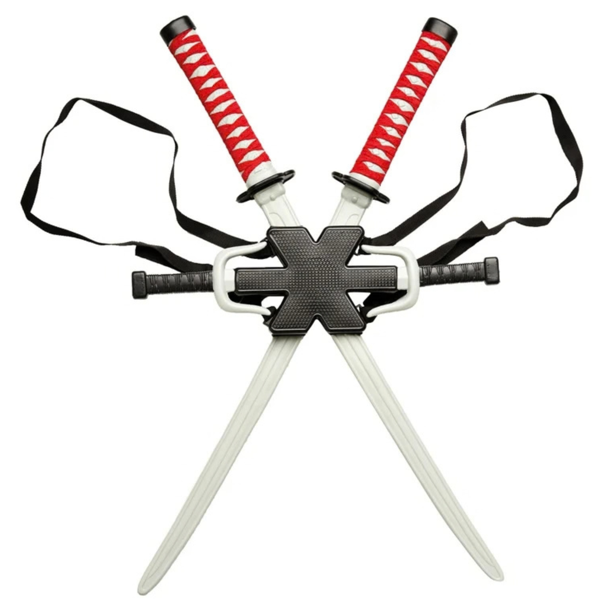 A toy or costume sword set with two crossed silver-colored practice swords featuring red and white wrapped handles, secured by a black harness with a central black cross-shaped connector.