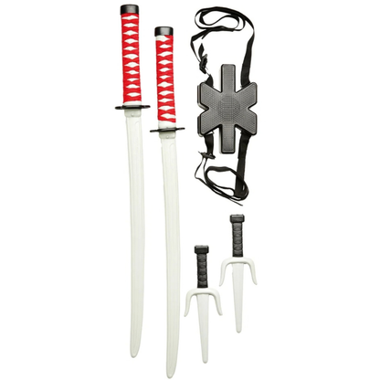 A toy sword and training set on a plain white background, including two long white swords with red and black handles, two smaller white training knives, a black star-shaped shield, and a black carrying strap.